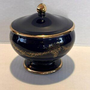 Cobalt Blue & Gold Lidded Porcelain Vanity Dish With Floral Design Made In Japan